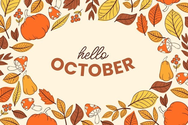 無料ベクター 秋のお祝いのための手描きのこんにちは10月の背景