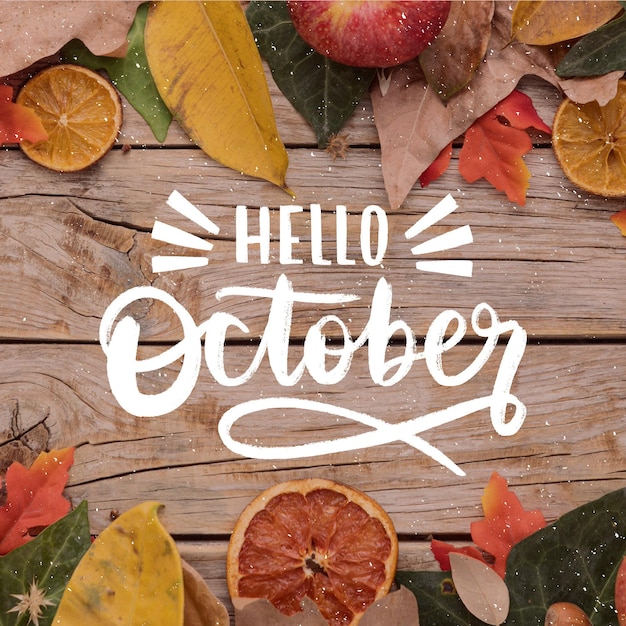 Hand drawn hello october lettering with photo