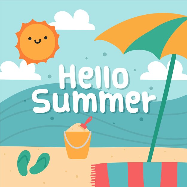 Hand drawn hello summer with beach