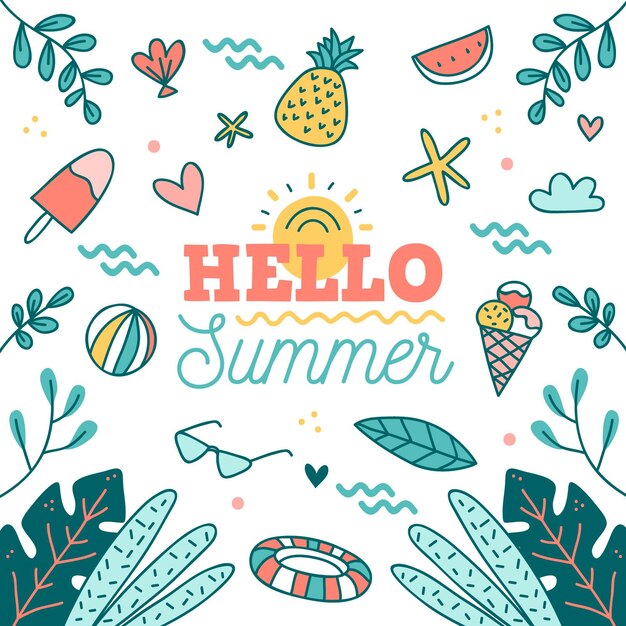 Hand drawn hello summer  with fruit and ice cream