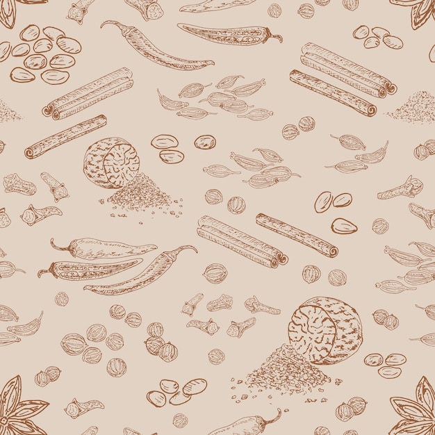 Free vector hand drawn herbal spices seamless pattern with nutmeg cinnamon chili pepper clove cardamom coriander seeds