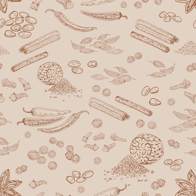 Vettore gratuito disegnato a mano a base di erbe spezie seamless pattern con noce moscata cannella peperoncino chiodi di garofano cardamomo semi di coriandolo