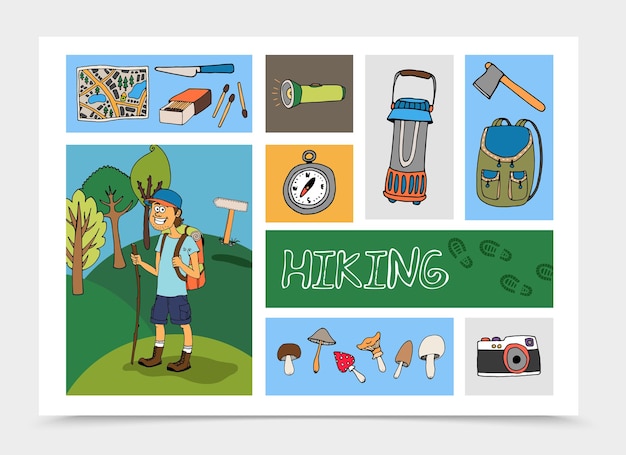 Hand drawn hiking colorful composition with tourist illustration