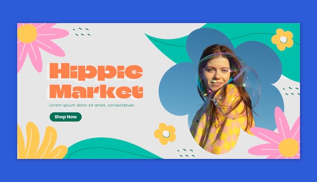 Vettore gratuito banner orizzontale del mercato hippie disegnato a mano