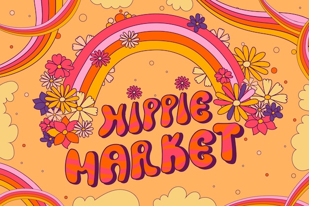 Vettore gratuito illustrazione del testo del mercato hippie disegnato a mano