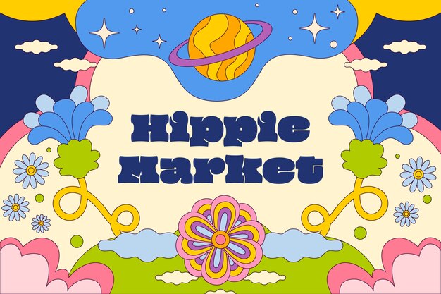 Hand drawn hippie market text illustration