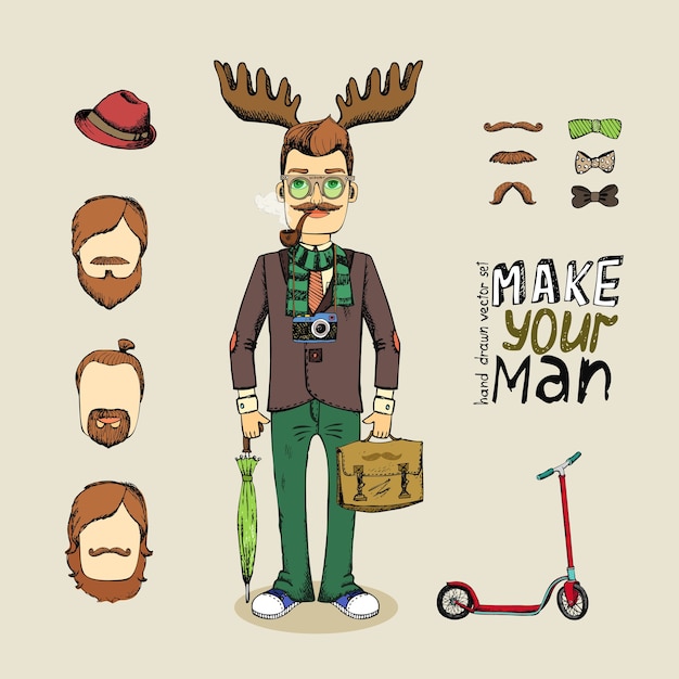 hand drawn hipster man character set vector illustration