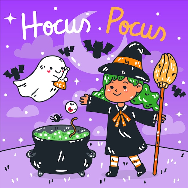 무료 벡터 할로윈 축하를위한 손으로 그린 hocus pocus 그림