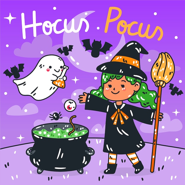 Illustrazione disegnata a mano di hocus pocus per la celebrazione di halloween