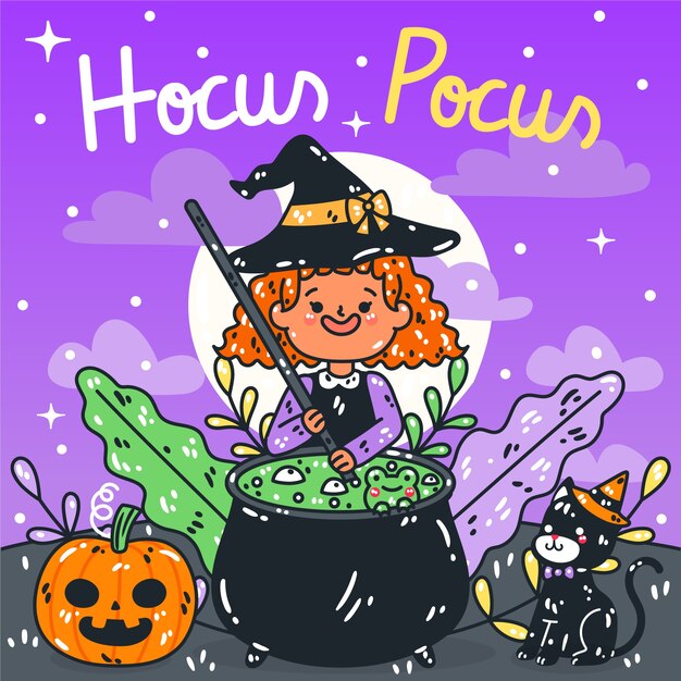 Illustrazione disegnata a mano di hocus pocus per la celebrazione di halloween