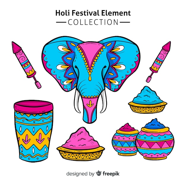 Vettore gratuito pacchetto di elementi holi festival disegnati a mano