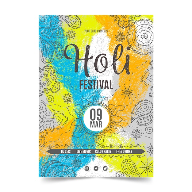 Vettore gratuito modello di volantino festival holi disegnati a mano