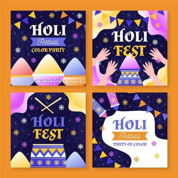 Hand drawn holi festival instagram posts collection