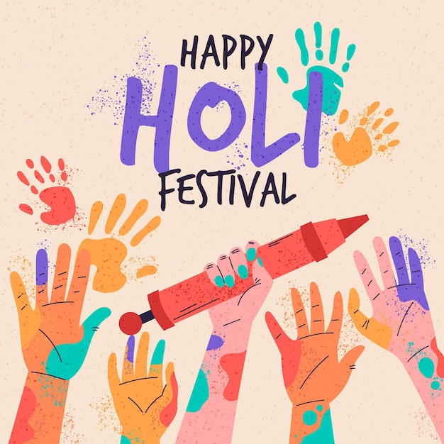 Festival di holi disegnato a mano con palme colorate