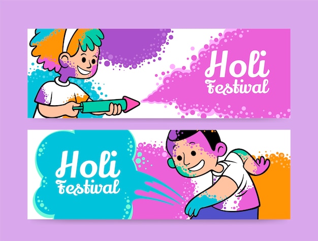 Hand drawn holi horizontal banners set