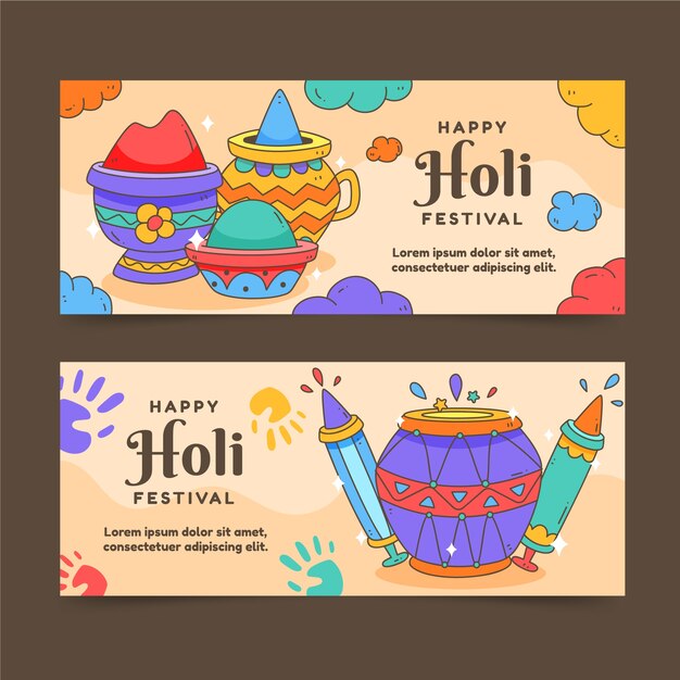 Hand drawn holi horizontal banners set