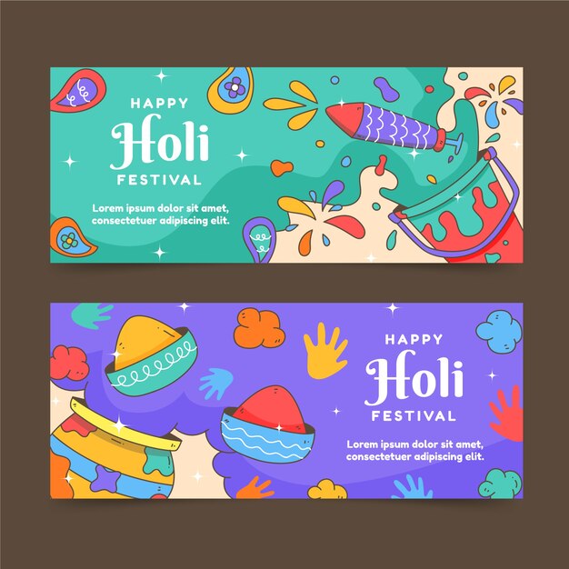 Hand drawn holi horizontal banners set