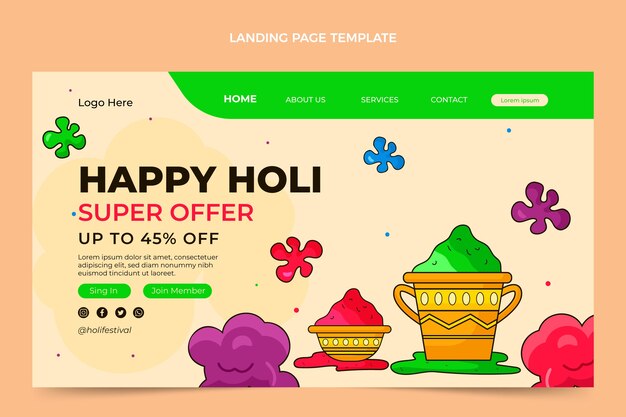 Free vector hand drawn holi landing page template