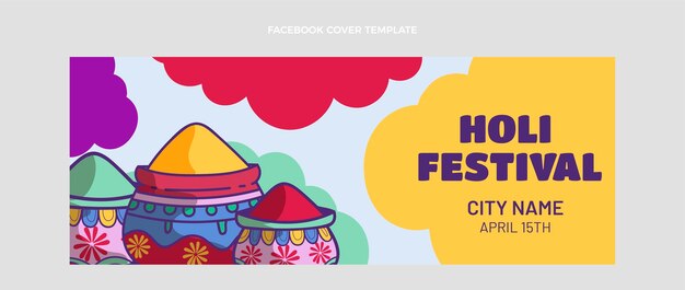 컬러 파우더가 있는 손으로 그린 holi 소셜 미디어 표지 템플릿