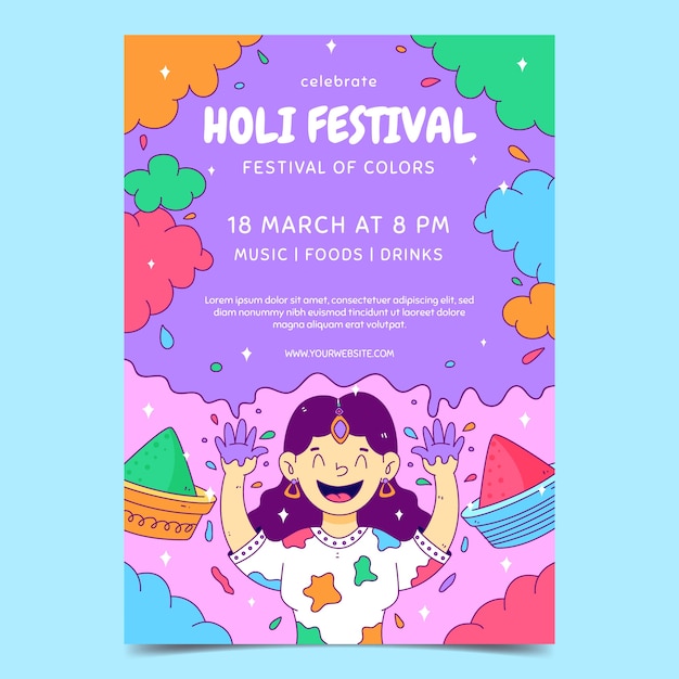 Hand drawn holi vertical flyer template