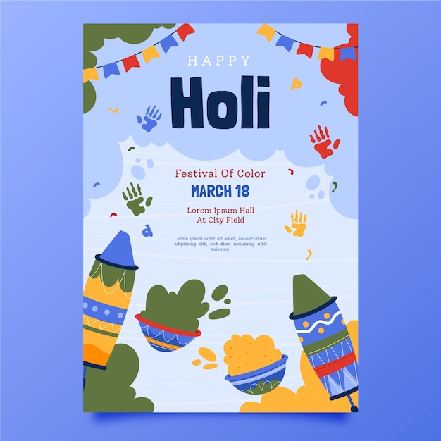 Free vector hand drawn holi vertical flyer template