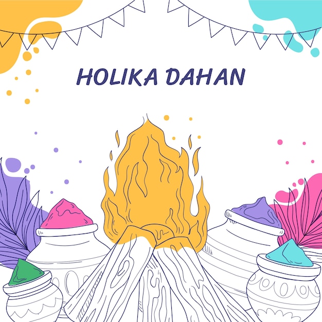 Vettore gratuito illustrazione disegnata a mano della celebrazione del festival holika dahan