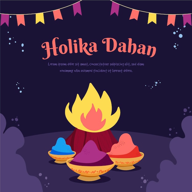 Illustrazione di holika dahan disegnata a mano con falò e ghirlande