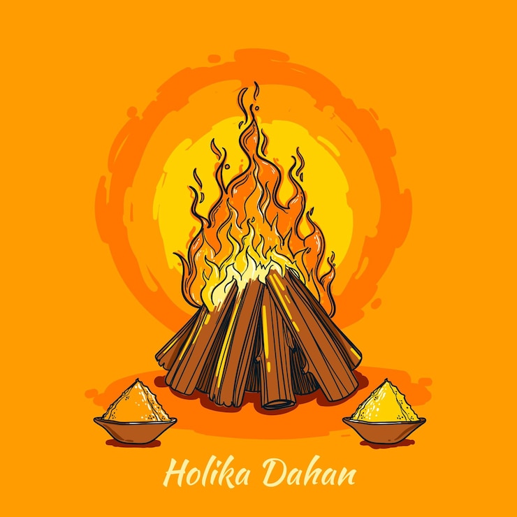 मुफ़्त वेक्टर hand-drawn holika dahan illustration with campfire