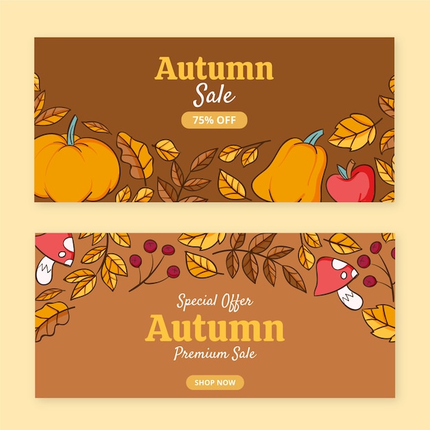 Hand drawn horizontal autumn sale banners set