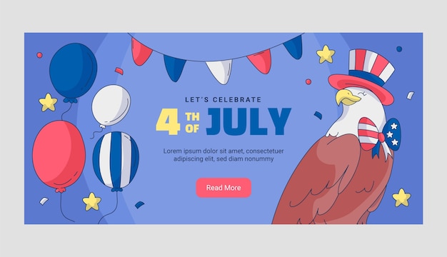 Нарисованный вручную шаблон горизонтального баннера для празднования 4 июля в Америке
