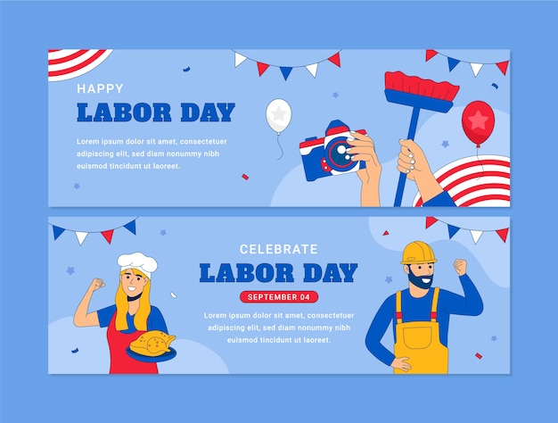 Modello di banner orizzontale disegnato a mano per la celebrazione della festa del lavoro americana