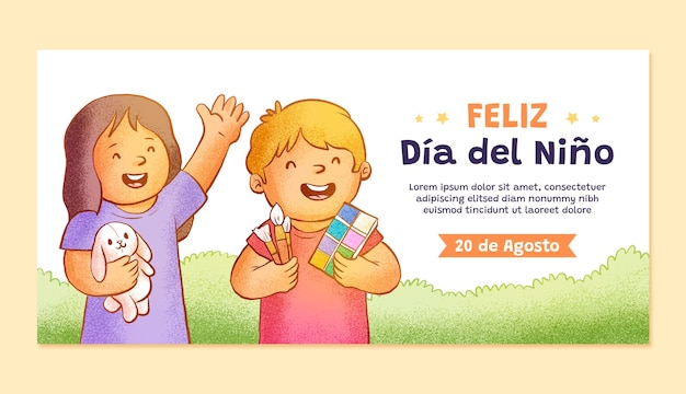Нарисованный вручную шаблон горизонтального баннера для празднования дня защиты детей на испанском языке