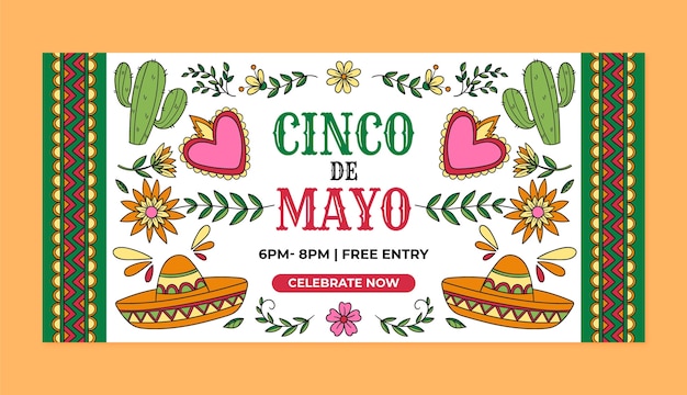 Free vector hand drawn horizontal banner template for cinco de mayo celebration