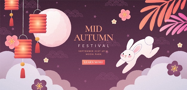 Бесплатное векторное изображение Нарисованный вручную шаблон горизонтального баннера для празднования фестиваля середины осени