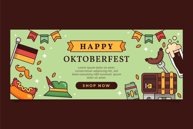 Бесплатное векторное изображение Ручно нарисованный горизонтальный шаблон баннера для празднования пивного фестиваля oktoberfest