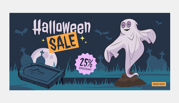 Vettore gratuito modello di banner orizzontale disegnato a mano per la stagione di halloween