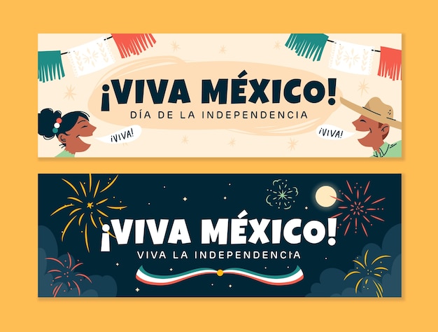 Modello di banner orizzontale disegnato a mano per la celebrazione dell'indipendenza del Messico