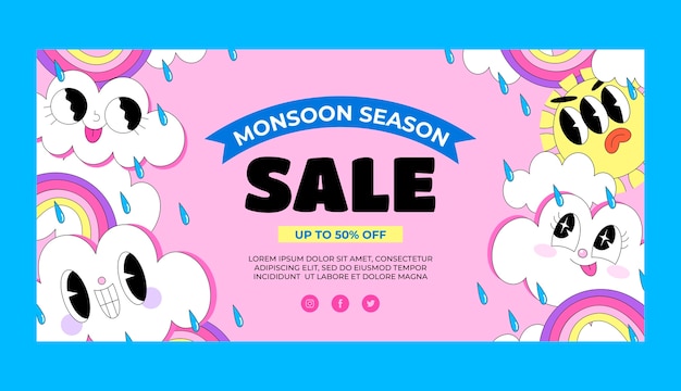 Free vector hand drawn horizontal banner template for monsoon season sale