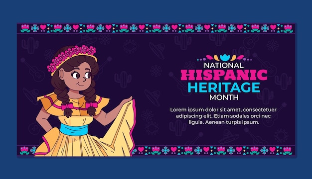 Нарисованный вручную шаблон горизонтального баннера для месяца национального латиноамериканского наследия