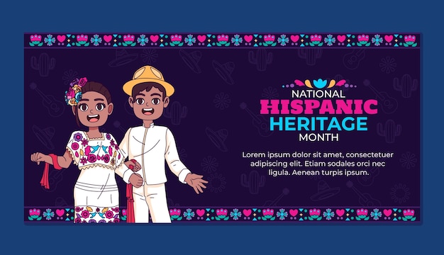 Vettore gratuito modello di banner orizzontale disegnato a mano per il mese del patrimonio ispanico nazionale