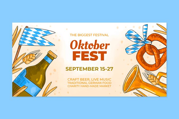 Modello di striscione orizzontale disegnato a mano per la celebrazione della festa della birra oktoberfest