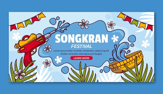 Hand drawn horizontal banner template for songkran water festival celebration