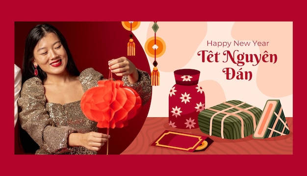 Hand drawn horizontal banner template for tet new year celebration