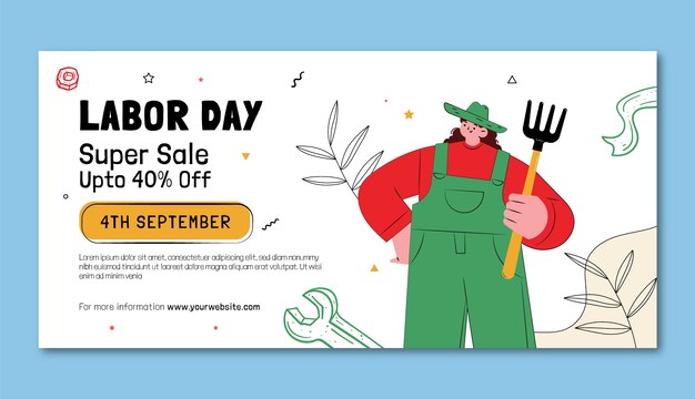Free vector hand drawn horizontal banner template for us labor day celebration