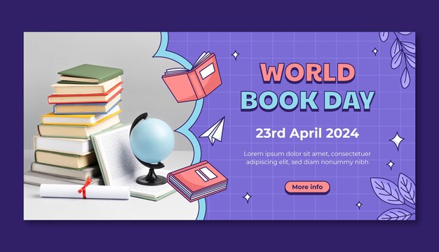 Ручно нарисованный горизонтальный шаблон баннера для празднования Всемирного дня книги