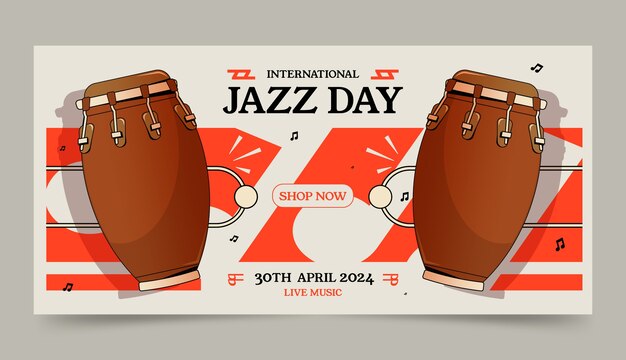 Ручно нарисованный горизонтальный шаблон баннера для Всемирного дня джаза