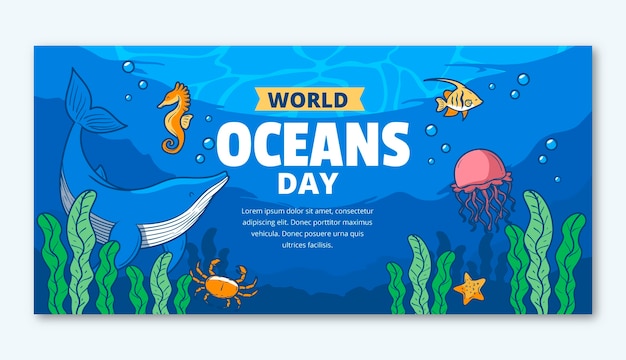 Hand drawn horizontal banner template for world oceans day celebration