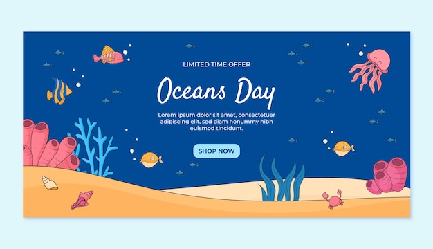 Hand drawn horizontal banner template for world oceans day celebration