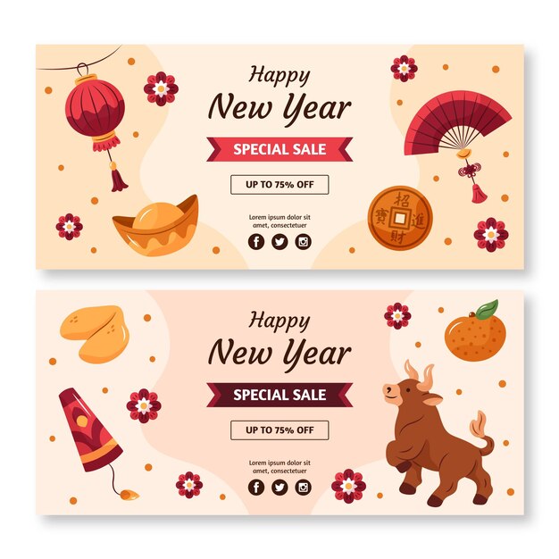 Hand-drawn horizontal banners for chinese new year