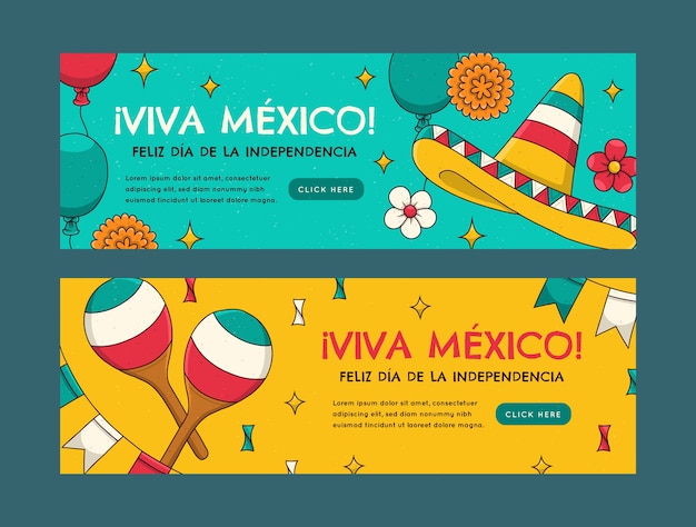 Hand drawn horizontal banners collection for mexico independence celebration